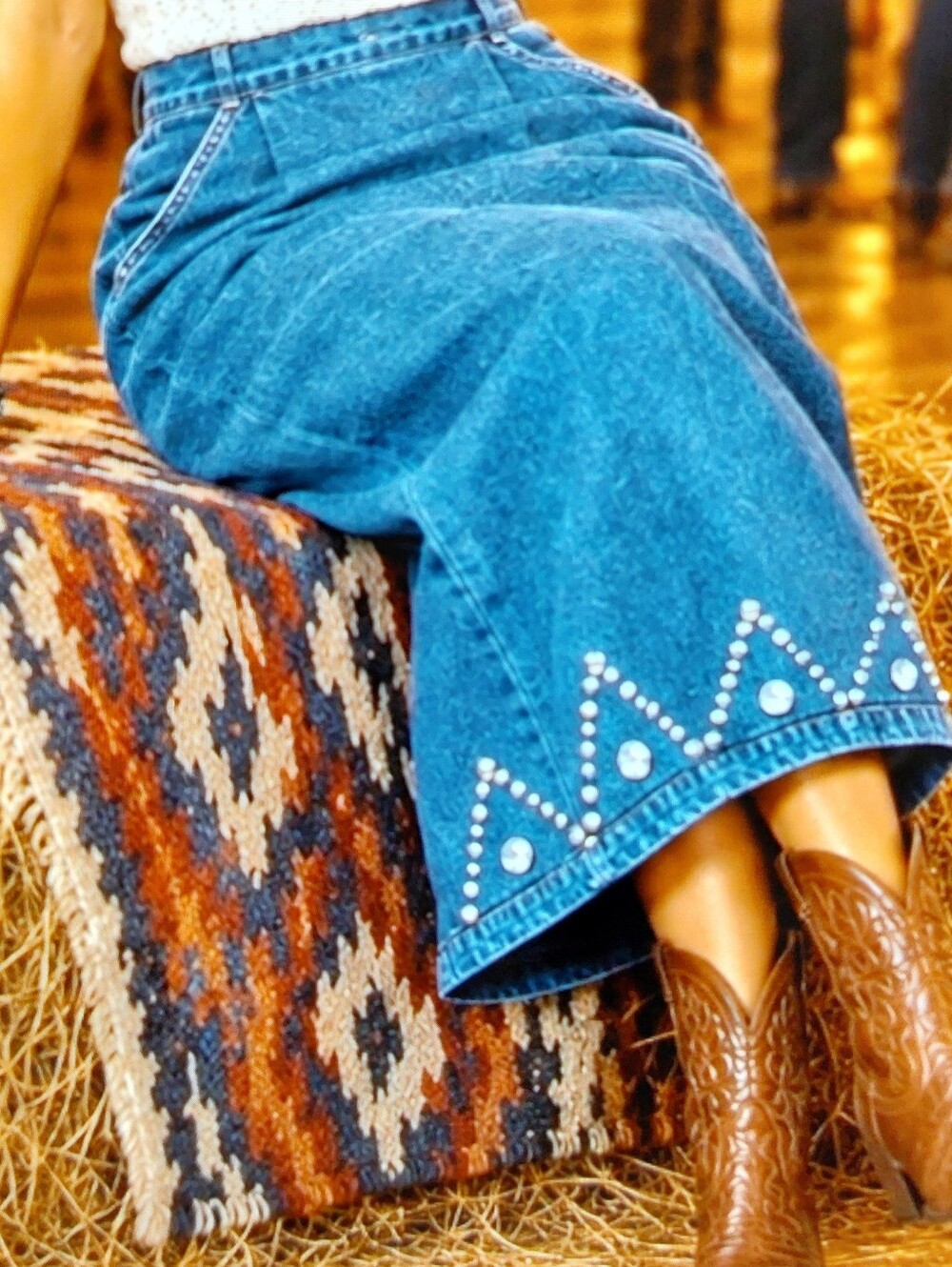 Vintage Western Bejeweled Rhinestone Blue Denim Skirt with Studded Hem